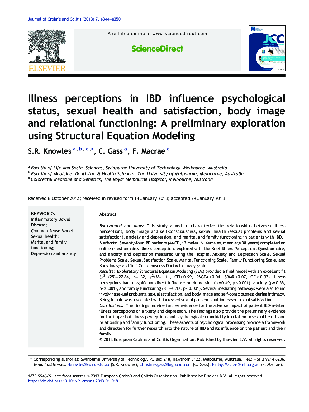 Illness perceptions in IBD influence psychological status, sexual health and satisfaction, body image and relational functioning: A preliminary exploration using Structural Equation Modeling