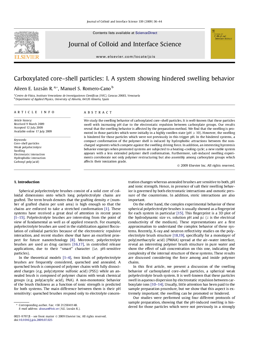 Carboxylated core–shell particles: I. A system showing hindered swelling behavior