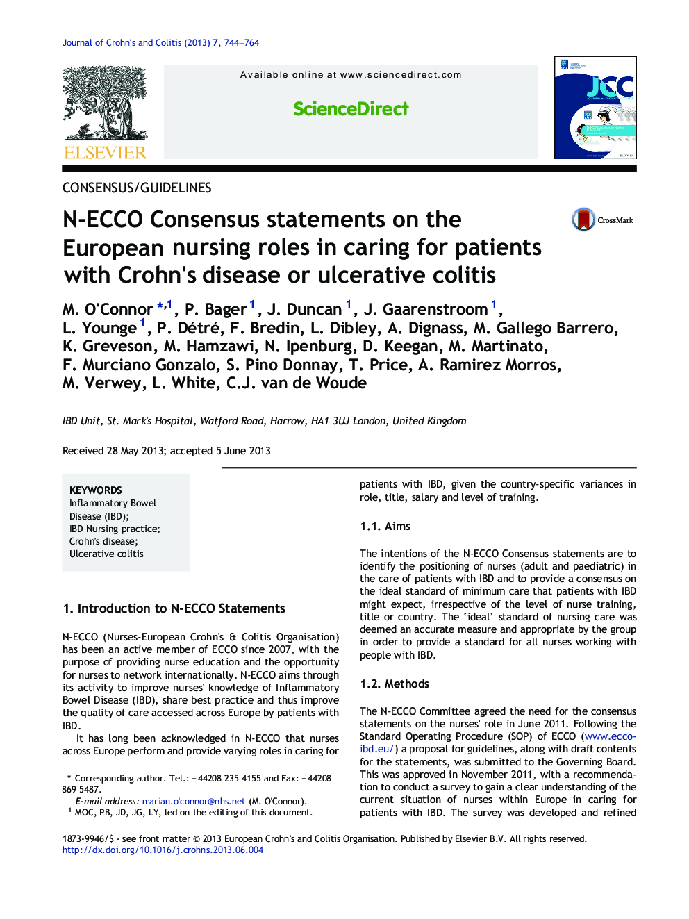 N-ECCO Consensus statements on the European nursing roles in caring for patients with Crohn's disease or ulcerative colitis