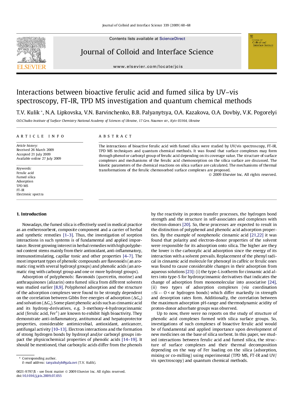 Interactions between bioactive ferulic acid and fumed silica by UV–vis spectroscopy, FT-IR, TPD MS investigation and quantum chemical methods