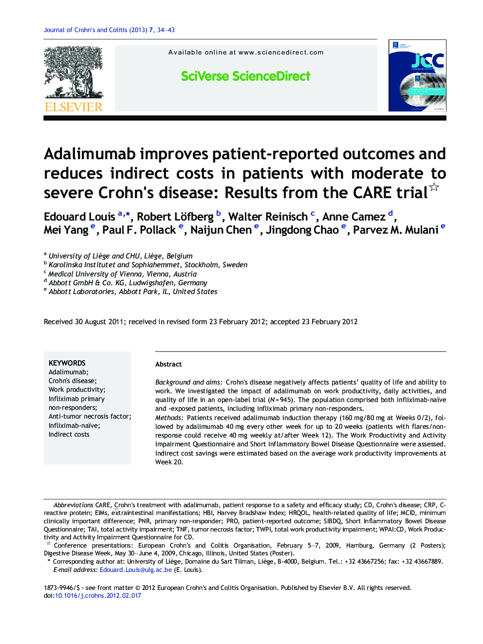 Adalimumab improves patient-reported outcomes and reduces indirect costs in patients with moderate to severe Crohn's disease: Results from the CARE trial