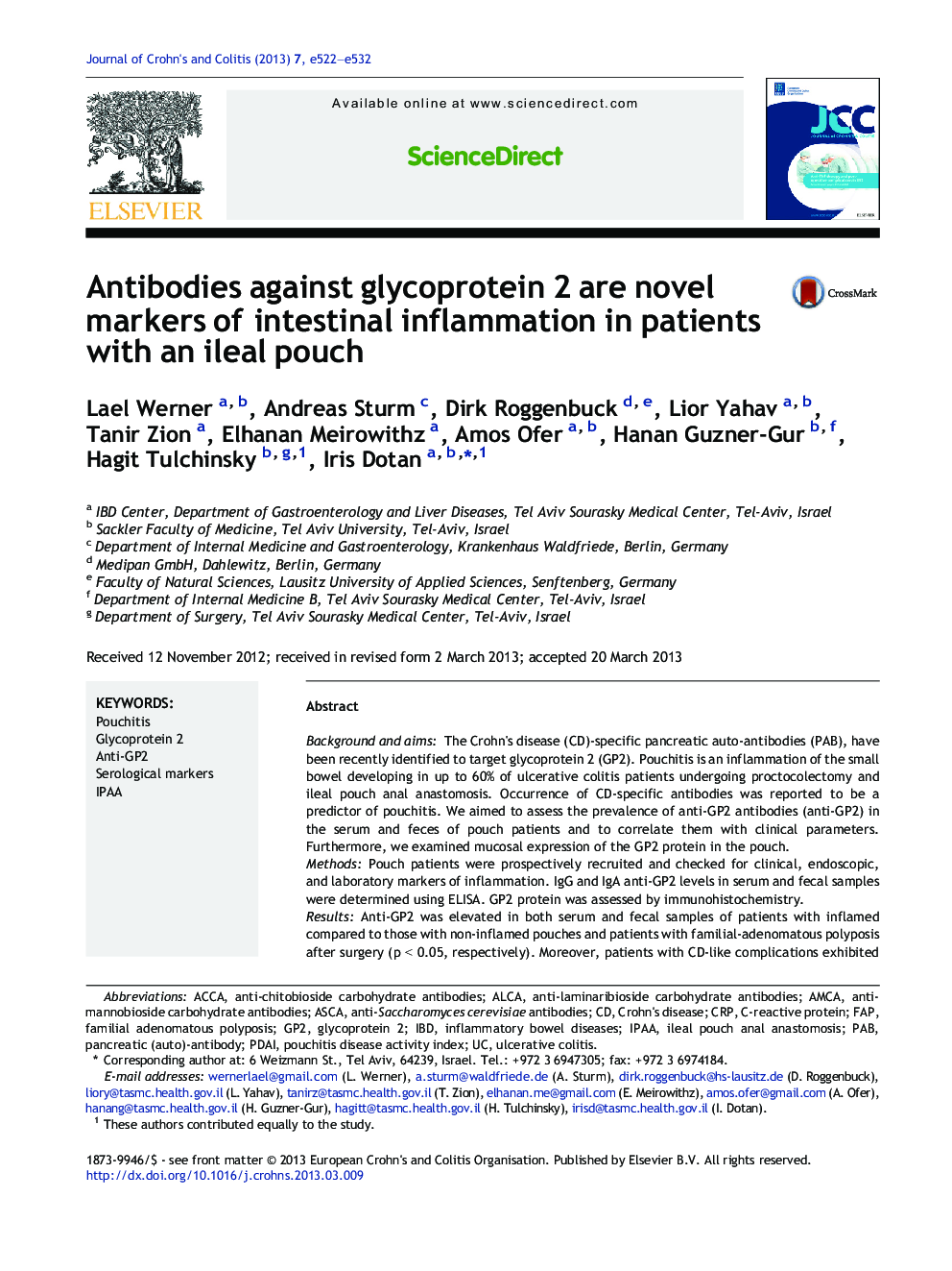 Antibodies against glycoprotein 2 are novel markers of intestinal inflammation in patients with an ileal pouch