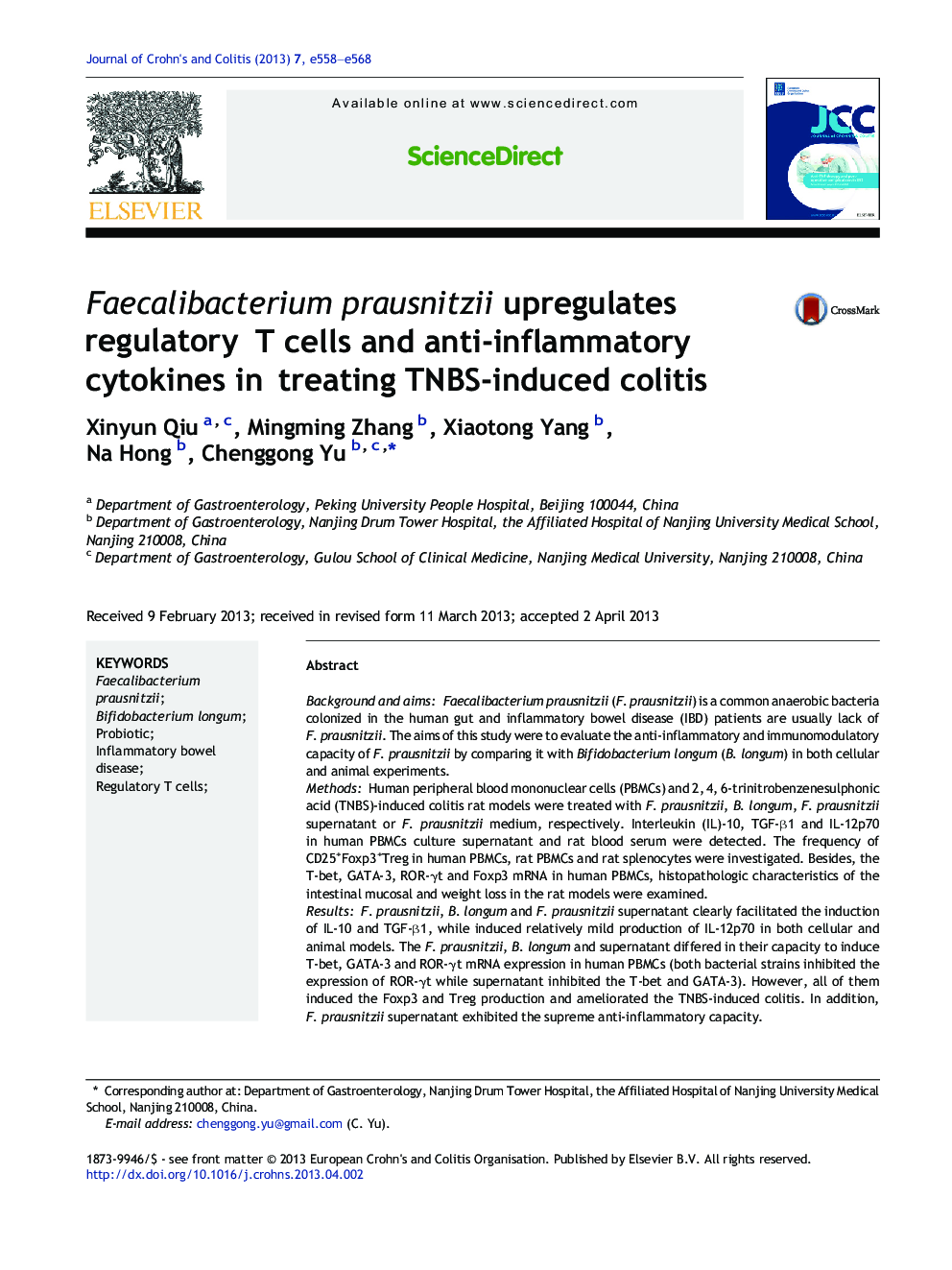 Faecalibacterium prausnitzii upregulates regulatory T cells and anti-inflammatory cytokines in treating TNBS-induced colitis