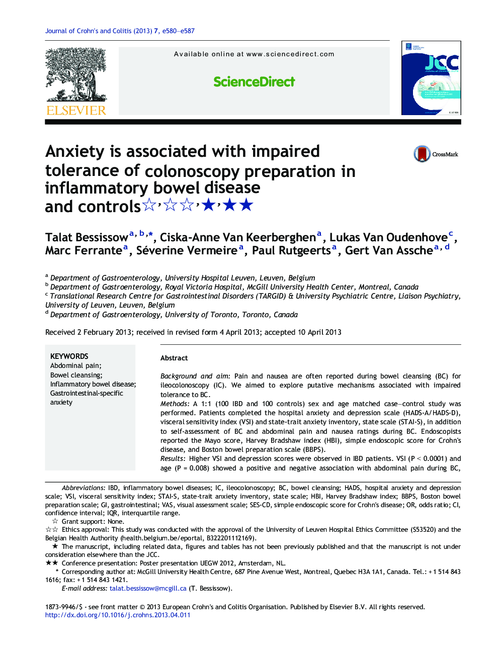 Anxiety is associated with impaired tolerance of colonoscopy preparation in inflammatory bowel disease and controls