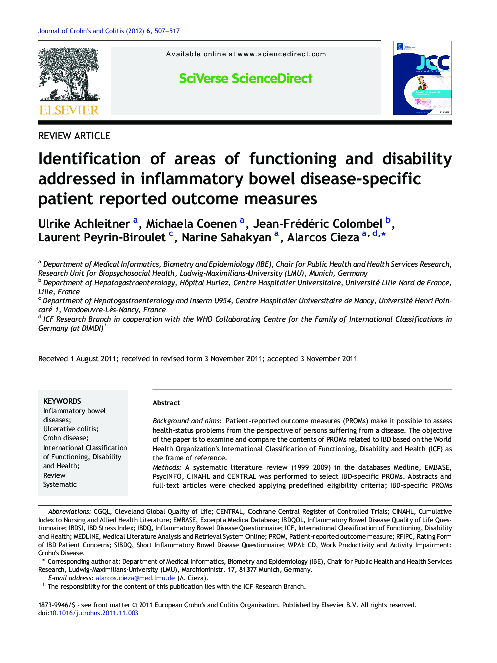 Review ArticleIdentification of areas of functioning and disability addressed in inflammatory bowel disease-specific patient reported outcome measures