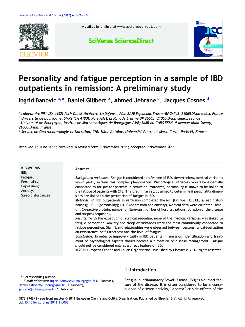 Personality and fatigue perception in a sample of IBD outpatients in remission: A preliminary study