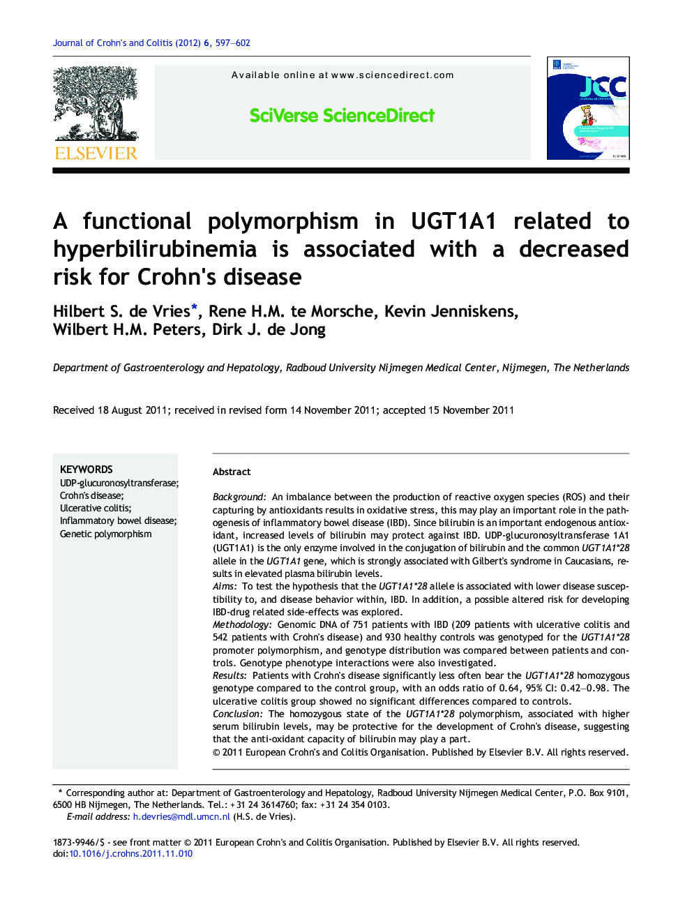 A functional polymorphism in UGT1A1 related to hyperbilirubinemia is associated with a decreased risk for Crohn's disease