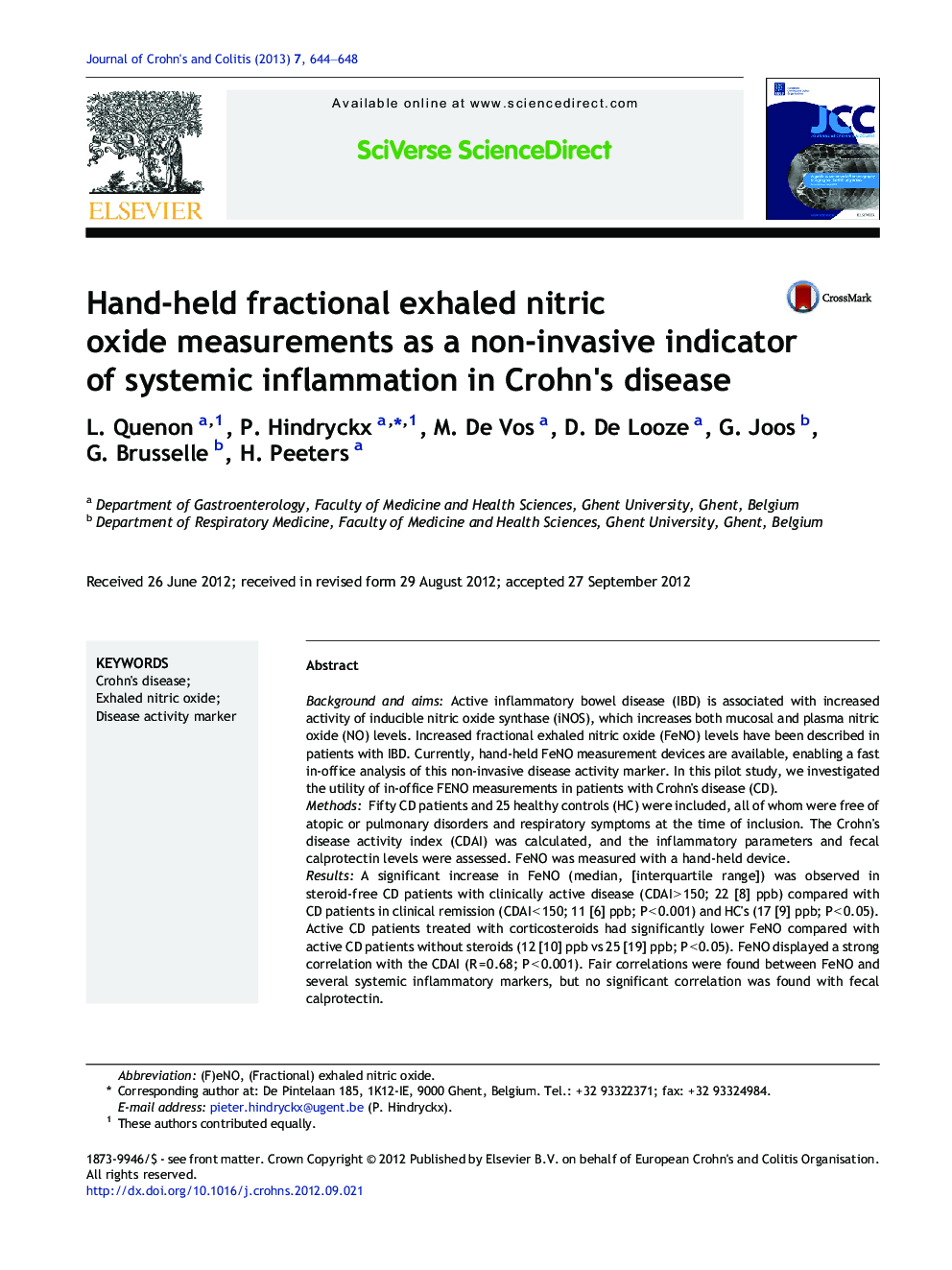 Hand-held fractional exhaled nitric oxide measurements as a non-invasive indicator of systemic inflammation in Crohn's disease