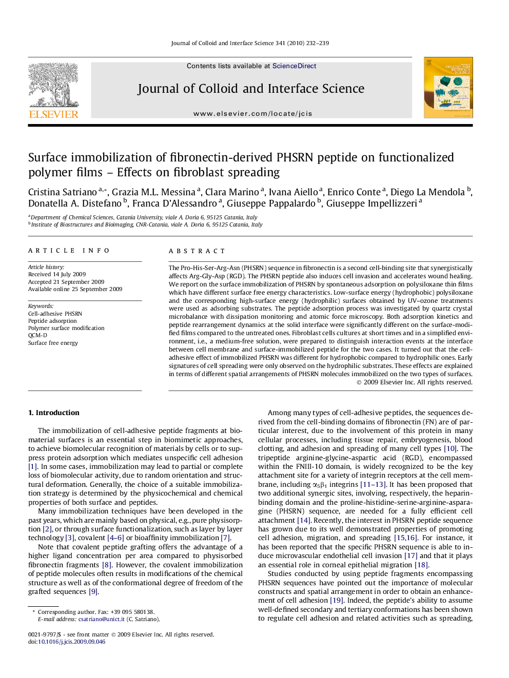 Surface immobilization of fibronectin-derived PHSRN peptide on functionalized polymer films - Effects on fibroblast spreading