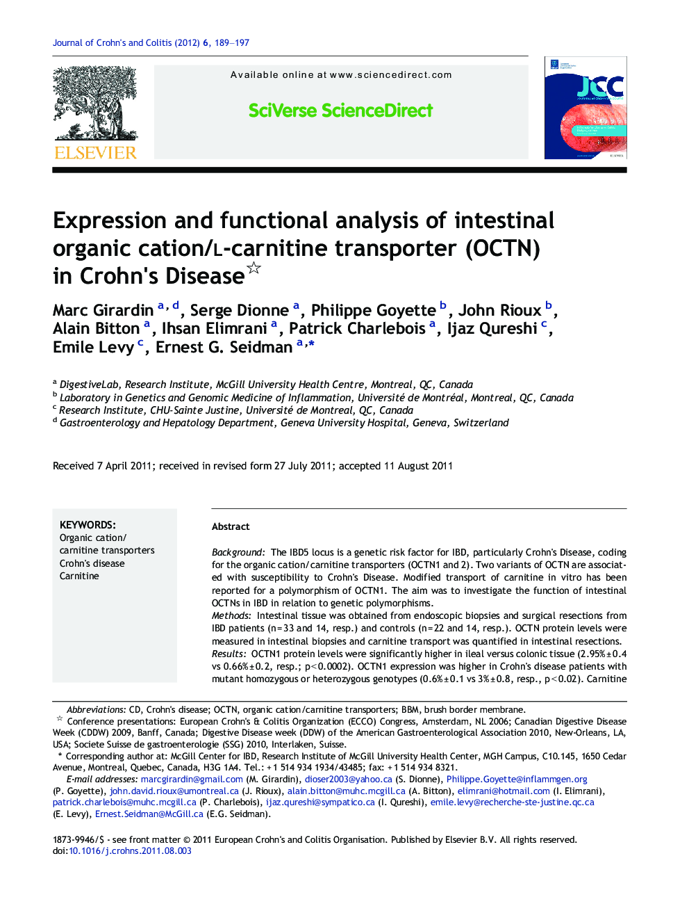 Expression and functional analysis of intestinal organic cation/l-carnitine transporter (OCTN) in Crohn's Disease