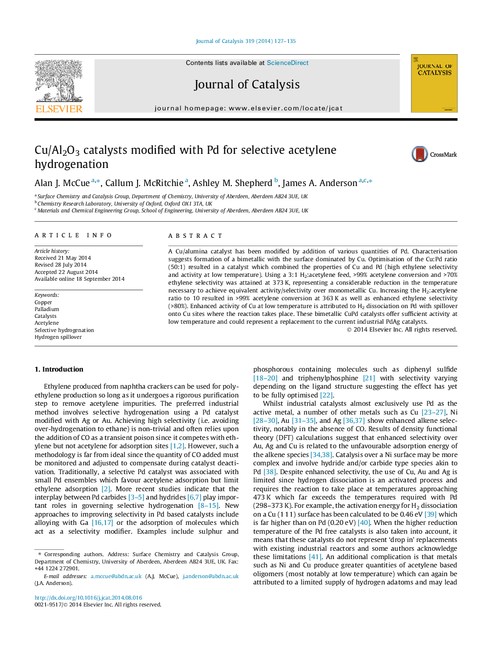 Cu/Al2O3 catalysts modified with Pd for selective acetylene hydrogenation