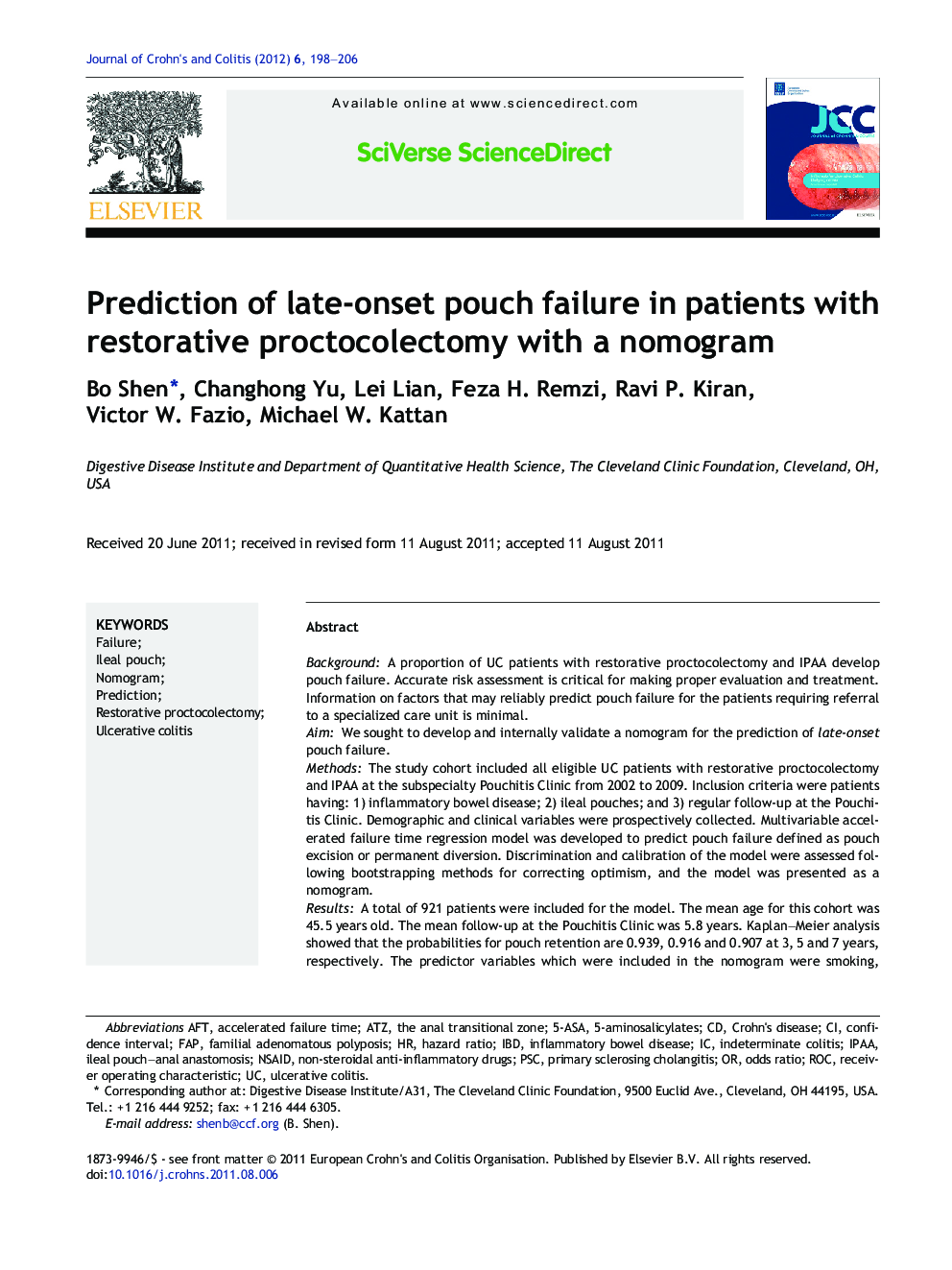 Prediction of late-onset pouch failure in patients with restorative proctocolectomy with a nomogram