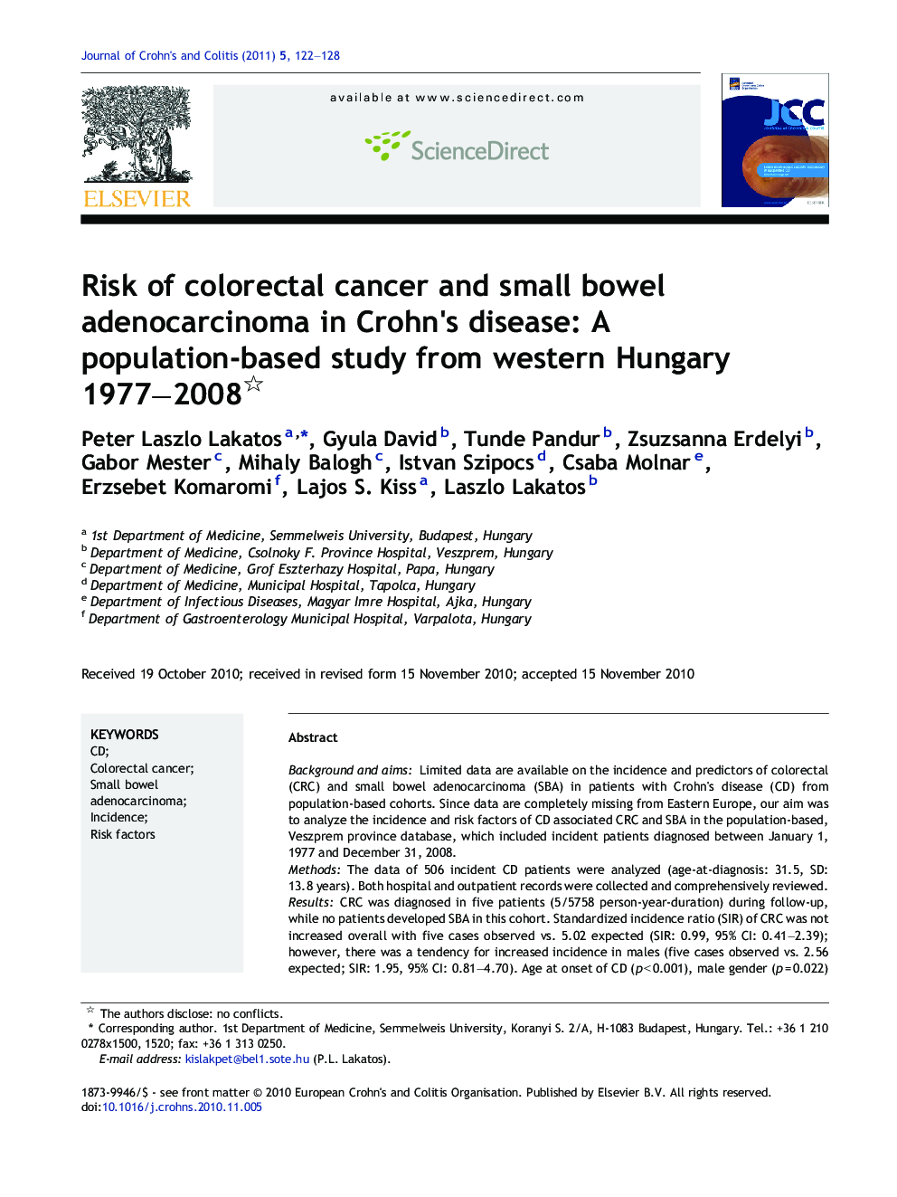 Risk of colorectal cancer and small bowel adenocarcinoma in Crohn's disease: A population-based study from western Hungary 1977-2008