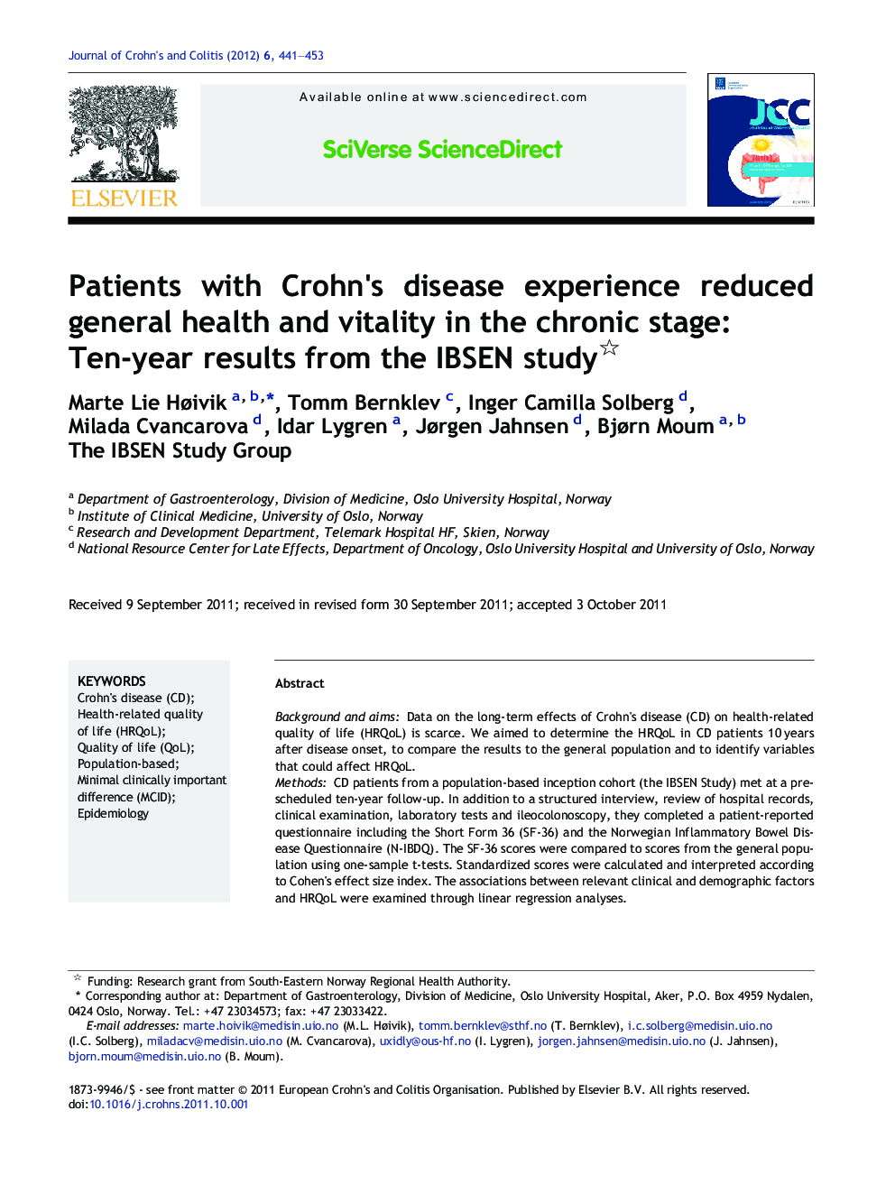 Patients with Crohn's disease experience reduced general health and vitality in the chronic stage: Ten-year results from the IBSEN study