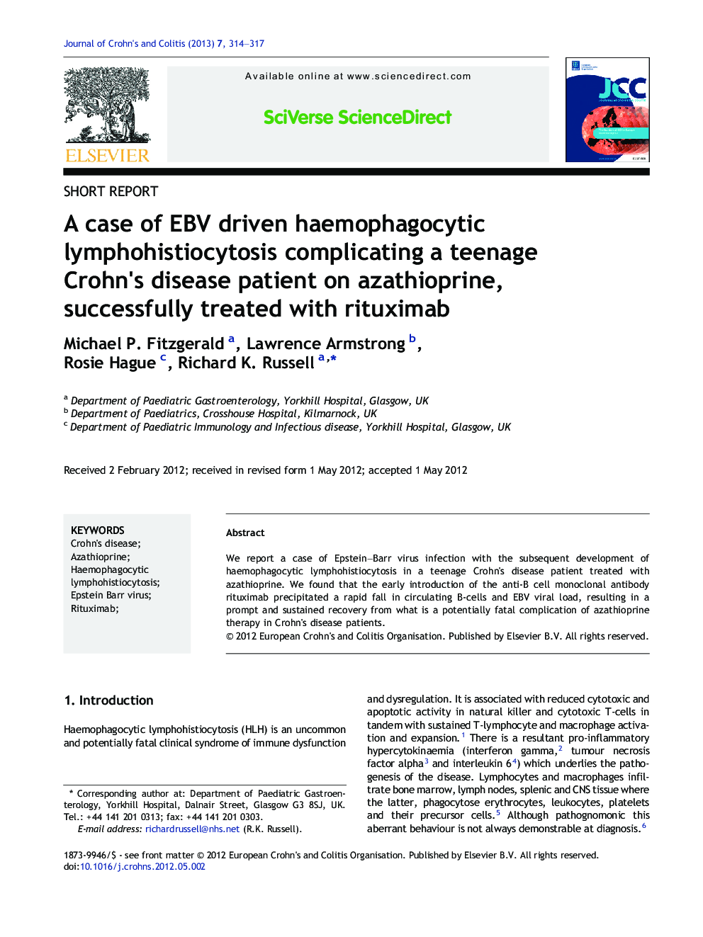 A case of EBV driven haemophagocytic lymphohistiocytosis complicating a teenage Crohn's disease patient on azathioprine, successfully treated with rituximab