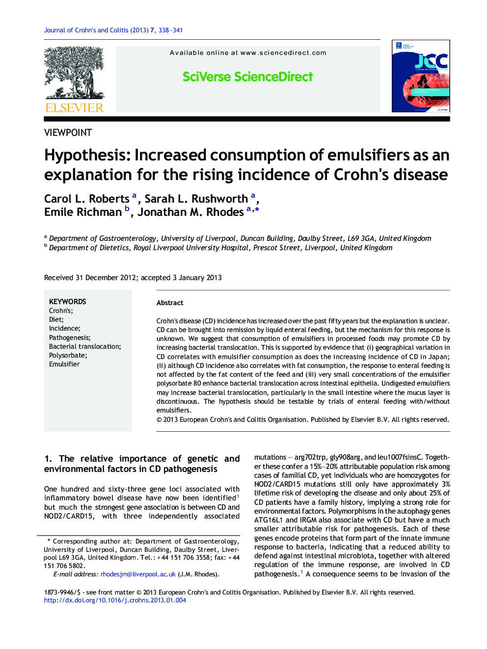 Hypothesis: Increased consumption of emulsifiers as an explanation for the rising incidence of Crohn's disease