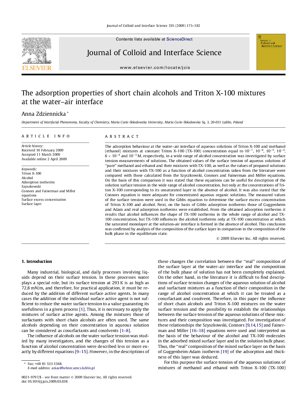 The adsorption properties of short chain alcohols and Triton X-100 mixtures at the water–air interface