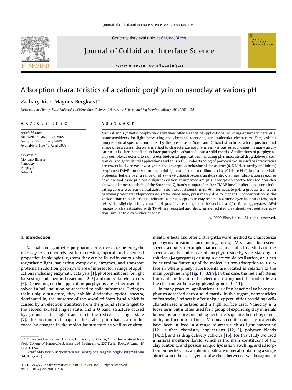 Adsorption characteristics of a cationic porphyrin on nanoclay at various pH