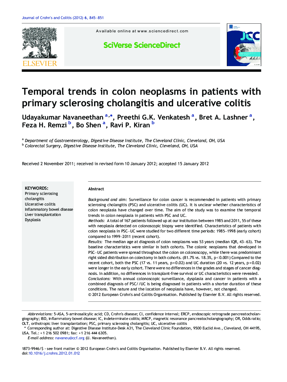 Temporal trends in colon neoplasms in patients with primary sclerosing cholangitis and ulcerative colitis