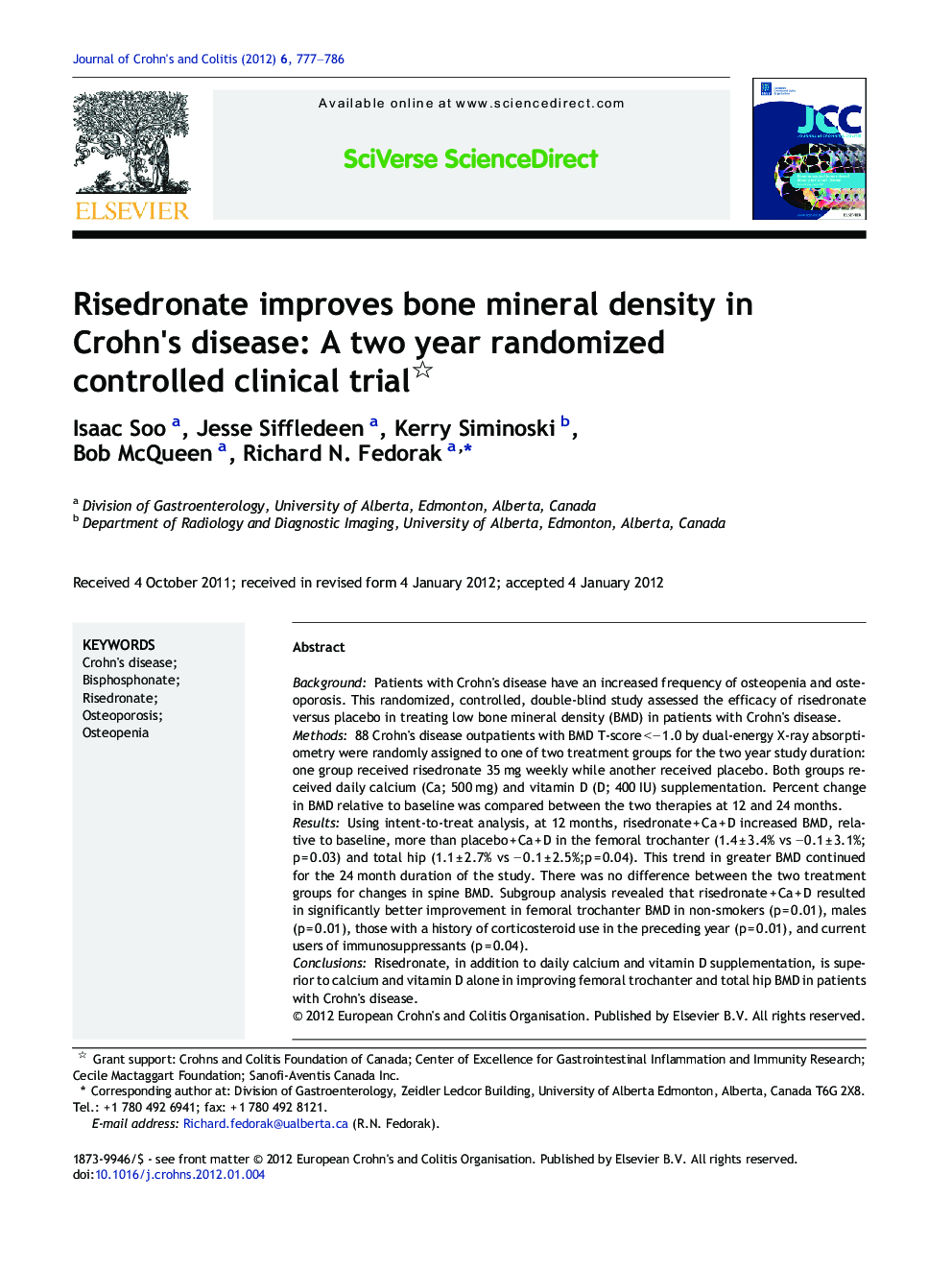 Risedronate improves bone mineral density in Crohn's disease: A two year randomized controlled clinical trial