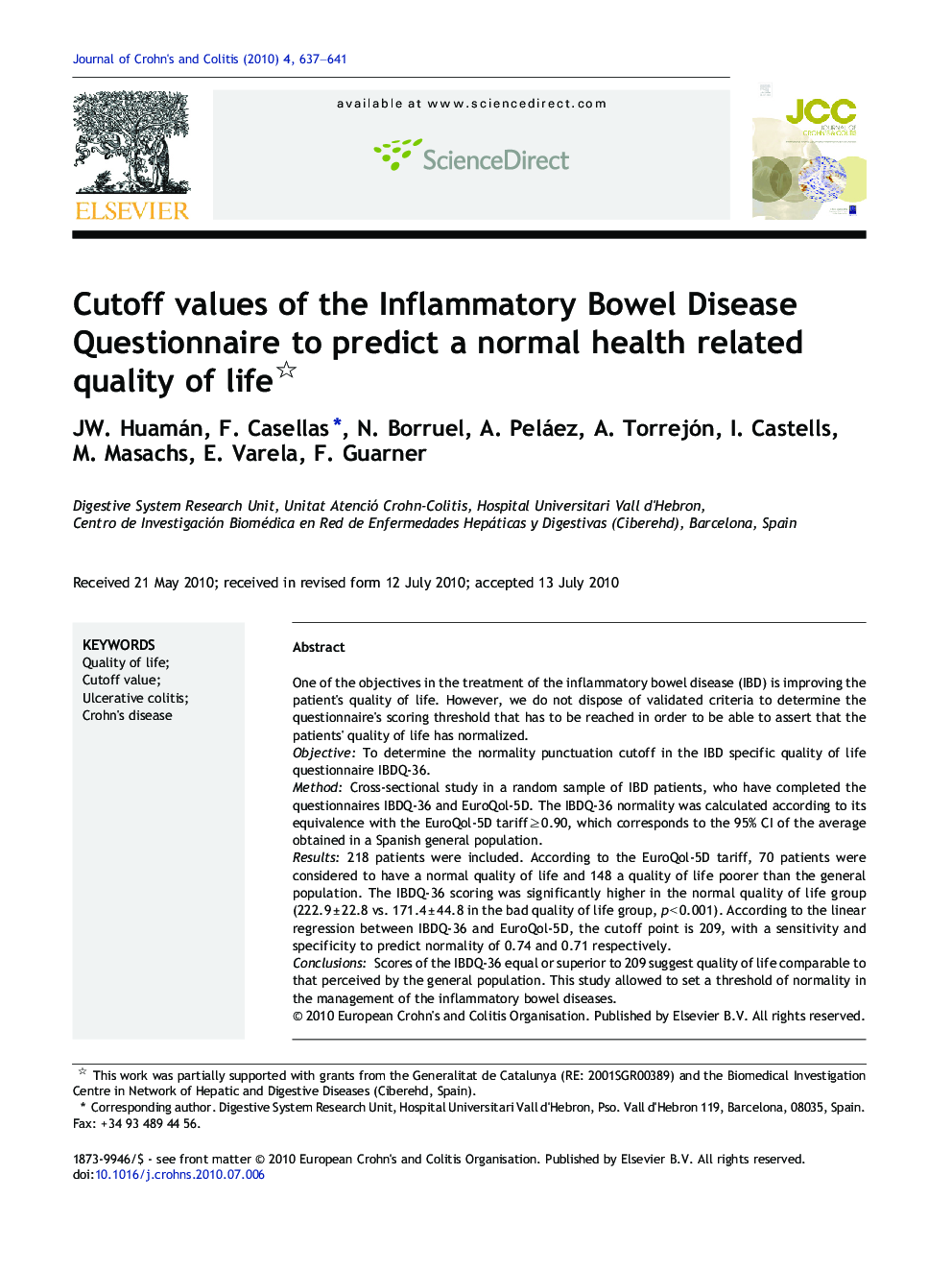 Cutoff values of the Inflammatory Bowel Disease Questionnaire to predict a normal health related quality of life