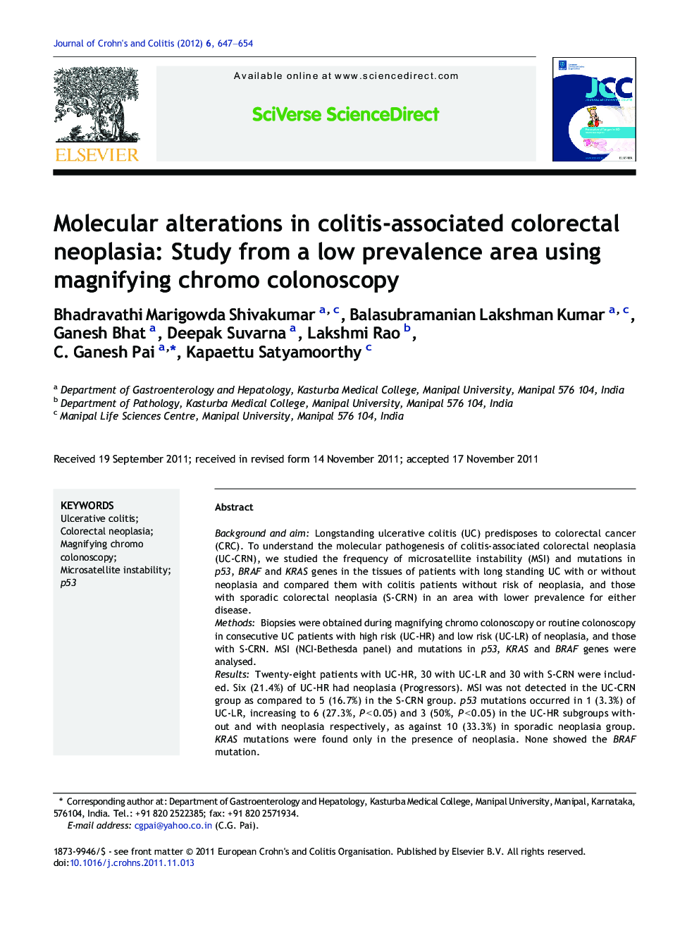 Molecular alterations in colitis-associated colorectal neoplasia: Study from a low prevalence area using magnifying chromo colonoscopy