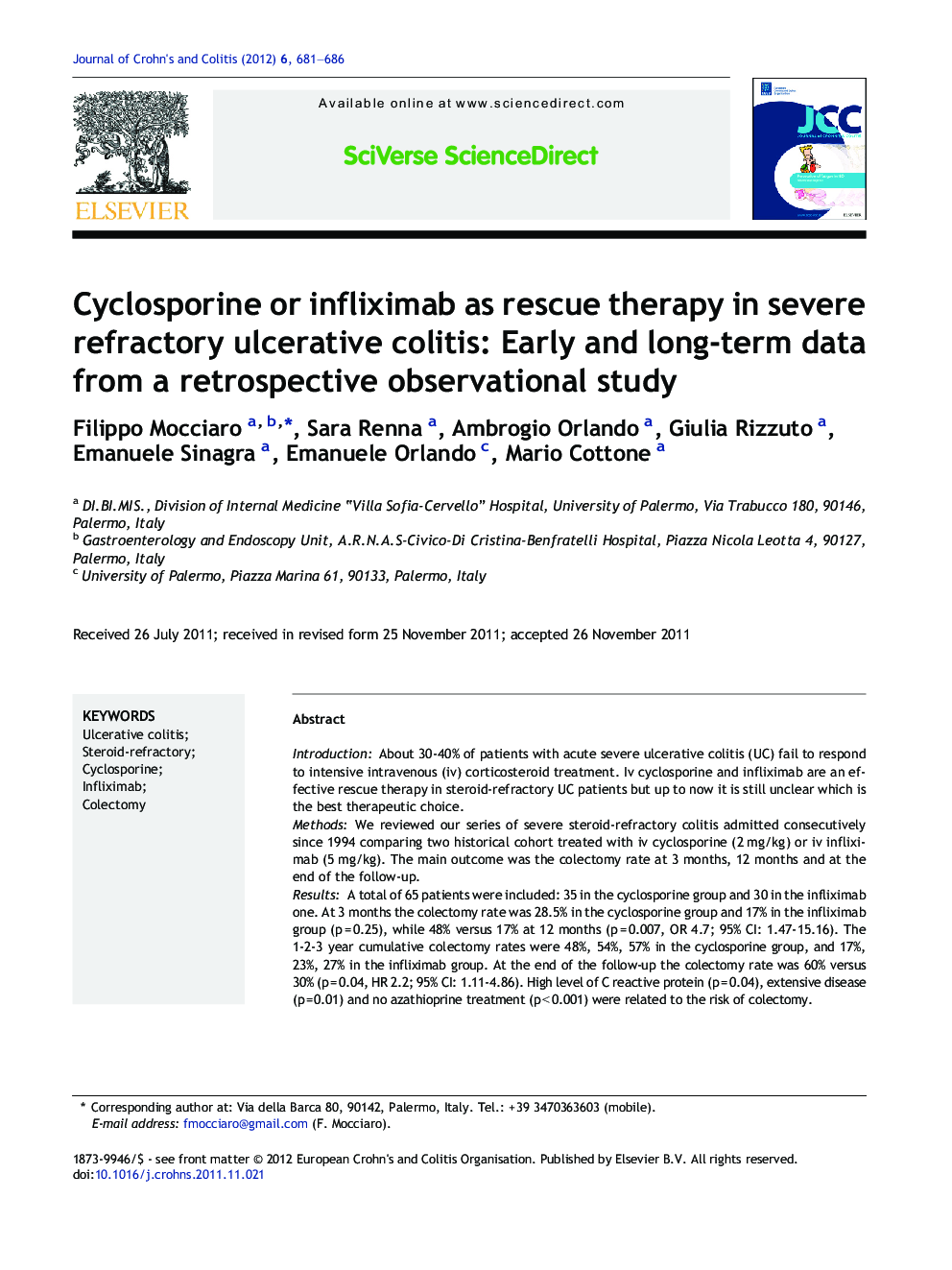 Cyclosporine or infliximab as rescue therapy in severe refractory ulcerative colitis: Early and long-term data from a retrospective observational study