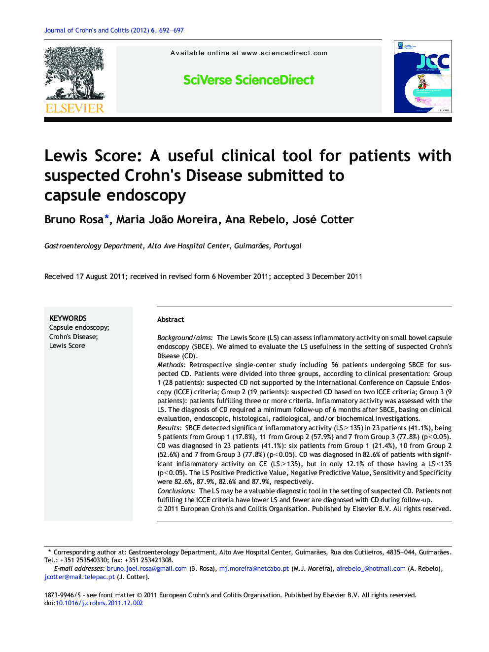 Lewis Score: A useful clinical tool for patients with suspected Crohn's Disease submitted to capsule endoscopy