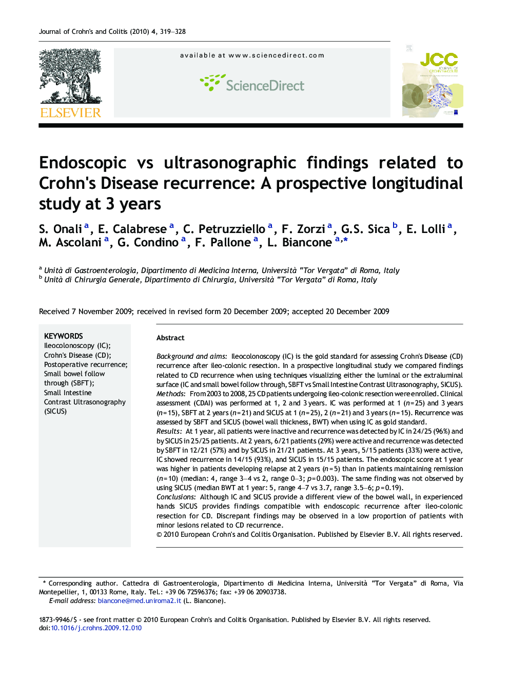 Endoscopic vs ultrasonographic findings related to Crohn's Disease recurrence: A prospective longitudinal study at 3Â years