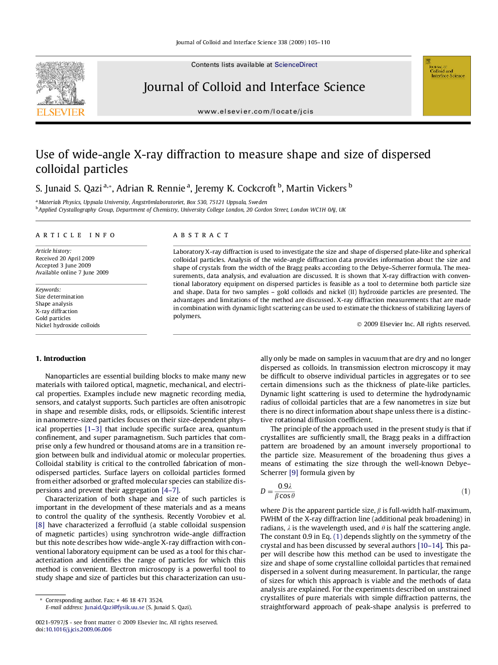 Use of wide-angle X-ray diffraction to measure shape and size of dispersed colloidal particles