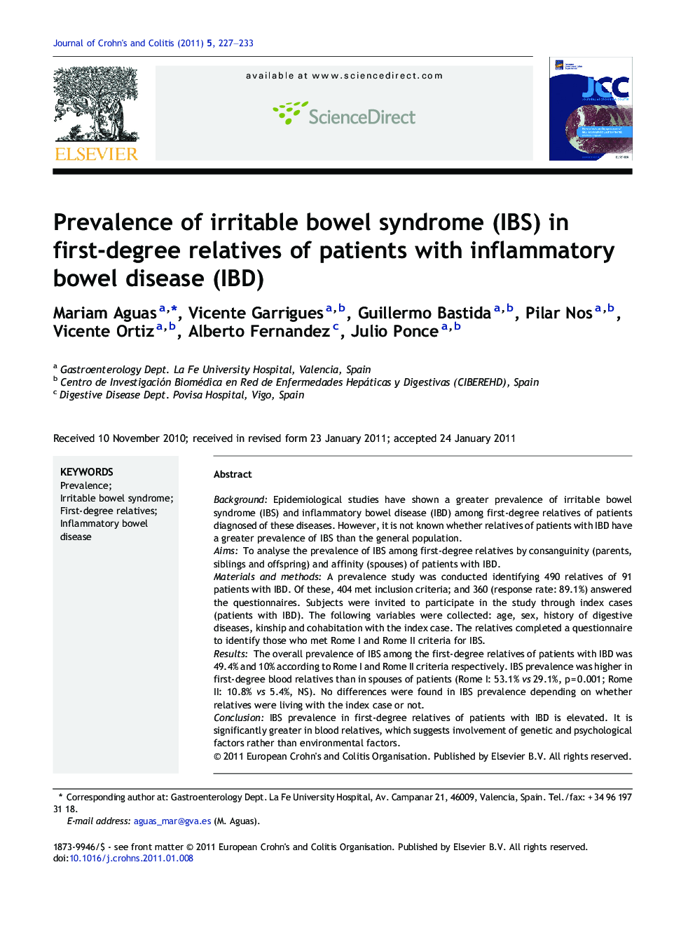 Prevalence of irritable bowel syndrome (IBS) in first-degree relatives of patients with inflammatory bowel disease (IBD)