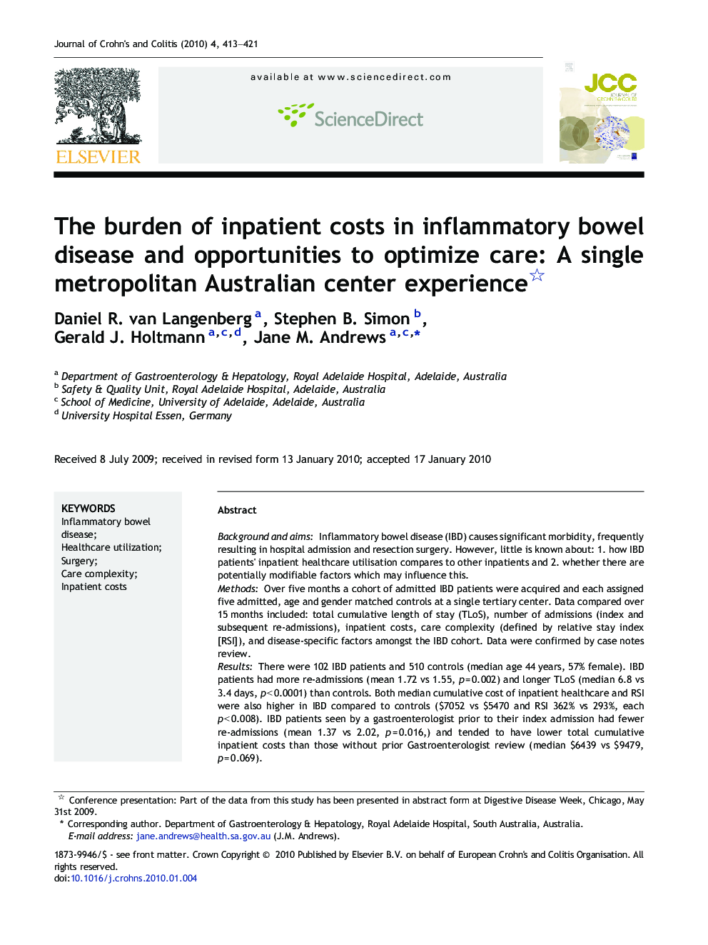 The burden of inpatient costs in inflammatory bowel disease and opportunities to optimize care: A single metropolitan Australian center experience