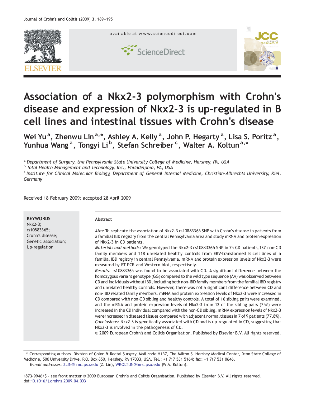 Association of a Nkx2-3 polymorphism with Crohn's disease and expression of Nkx2-3 is up-regulated in B cell lines and intestinal tissues with Crohn's disease