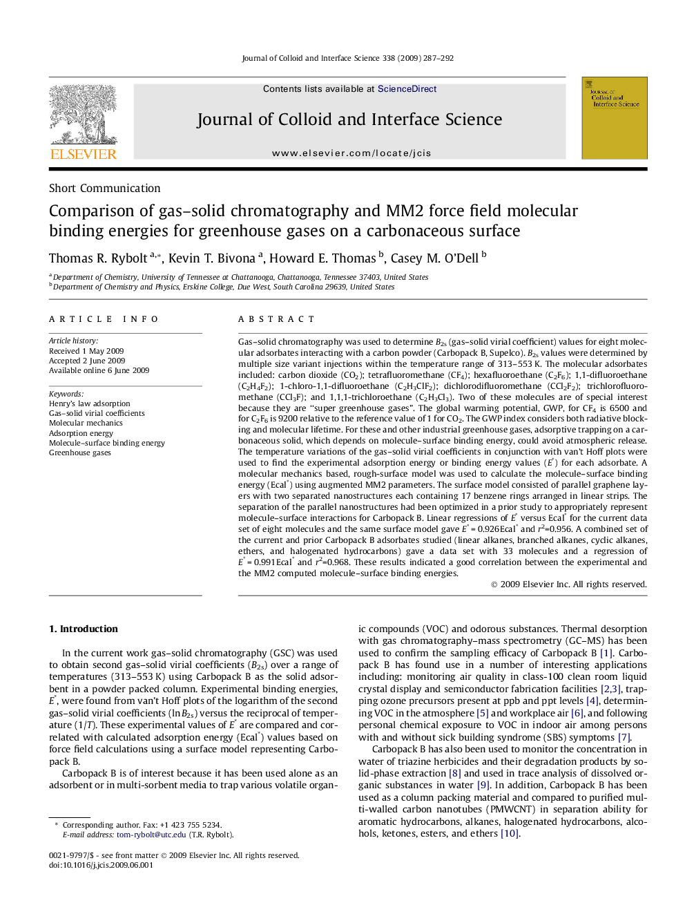 Comparison of gas–solid chromatography and MM2 force field molecular binding energies for greenhouse gases on a carbonaceous surface