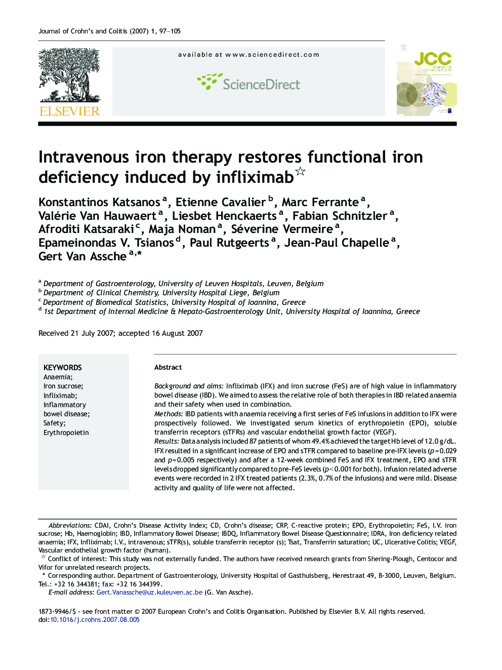 Intravenous iron therapy restores functional iron deficiency induced by infliximab