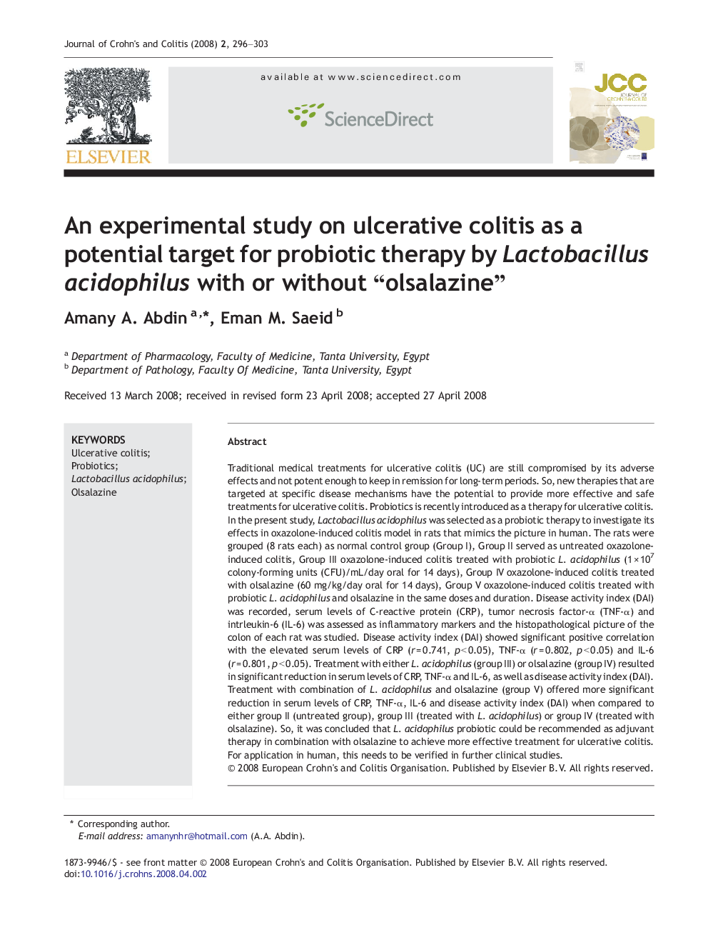 An experimental study on ulcerative colitis as a potential target for probiotic therapy by Lactobacillus acidophilus with or without “olsalazine”