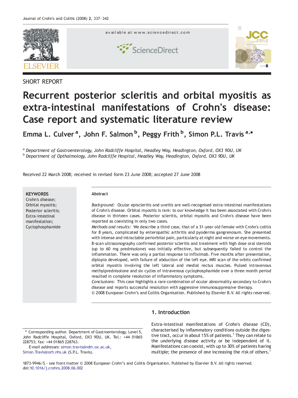 Recurrent posterior scleritis and orbital myositis as extra-intestinal manifestations of Crohn's disease: Case report and systematic literature review