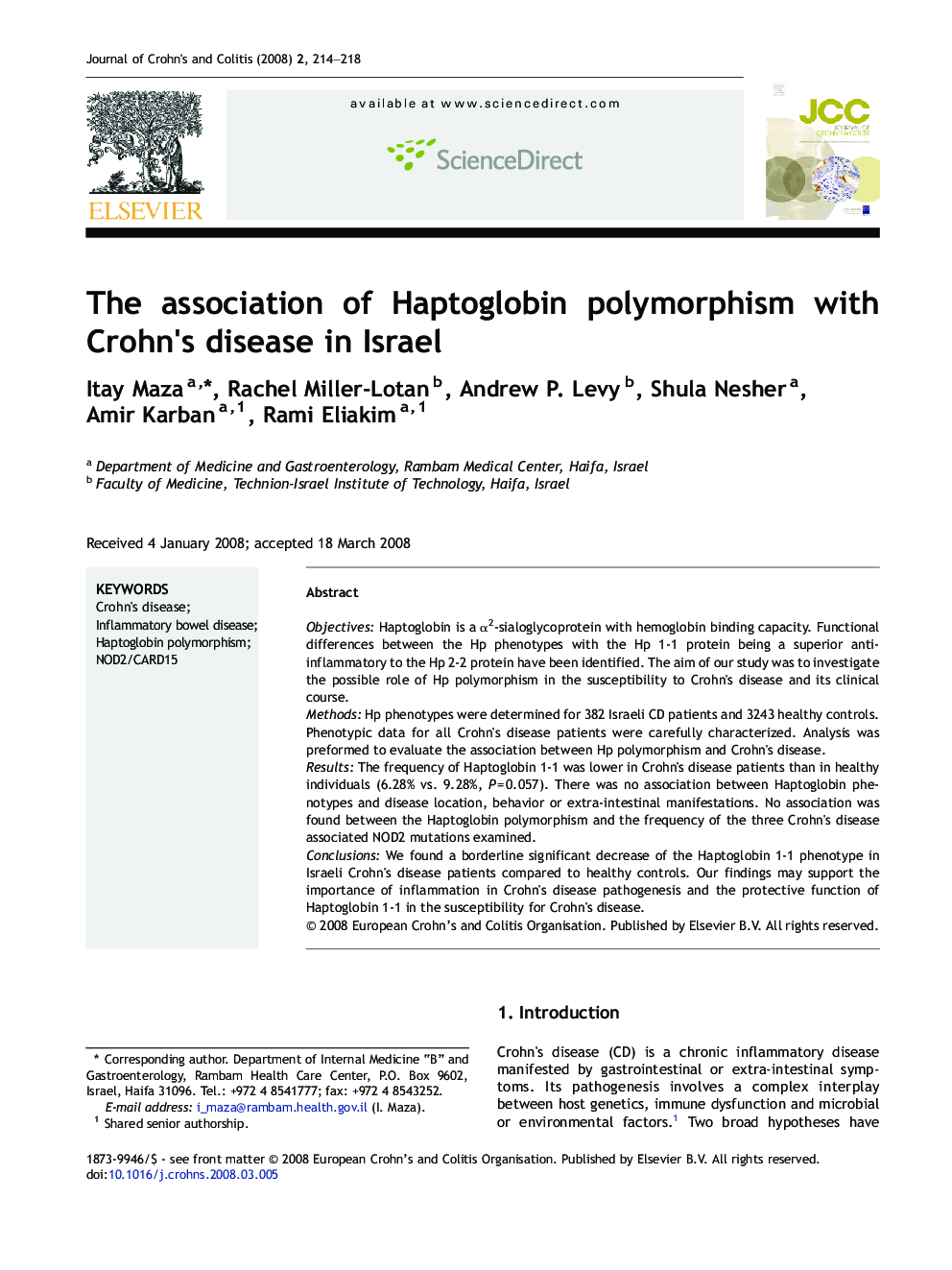 The association of Haptoglobin polymorphism with Crohn's disease in Israel