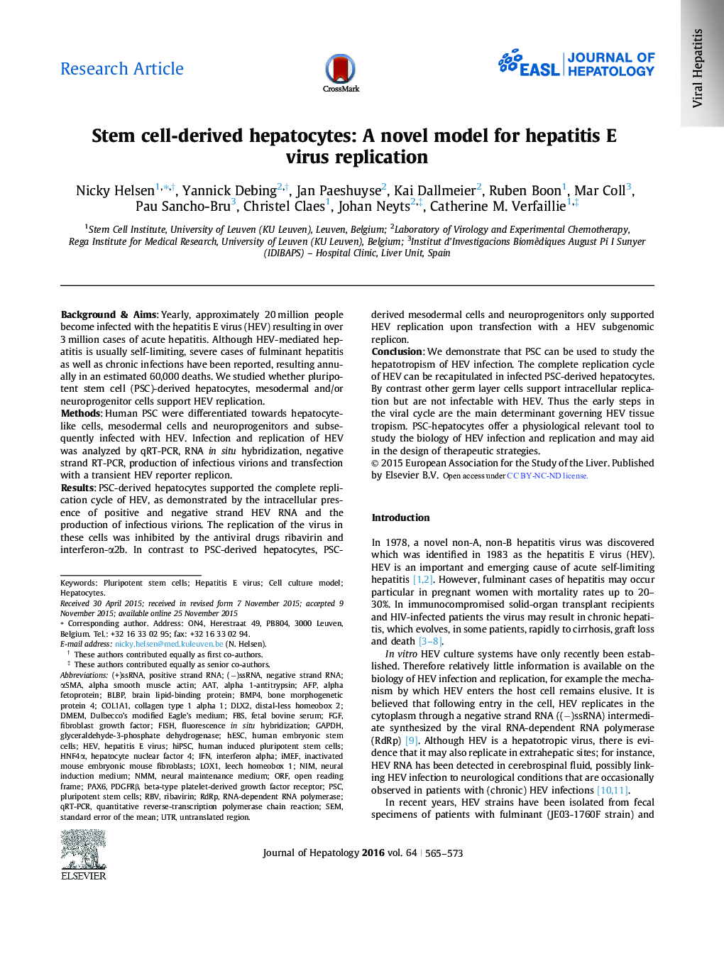 Research ArticleStem cell-derived hepatocytes: A novel model for hepatitis E virus replication