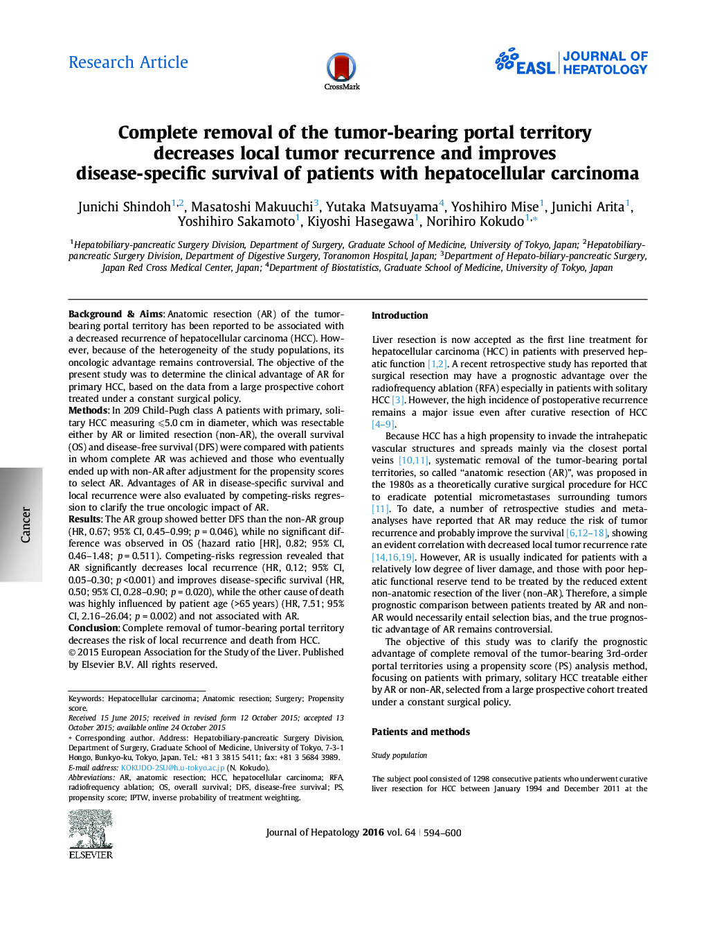 Research ArticleComplete removal of the tumor-bearing portal territory decreases local tumor recurrence and improves disease-specific survival of patients with hepatocellular carcinoma