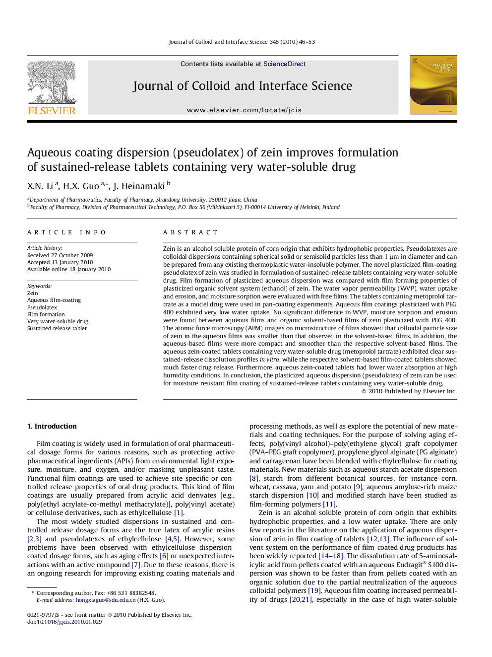 Aqueous coating dispersion (pseudolatex) of zein improves formulation of sustained-release tablets containing very water-soluble drug