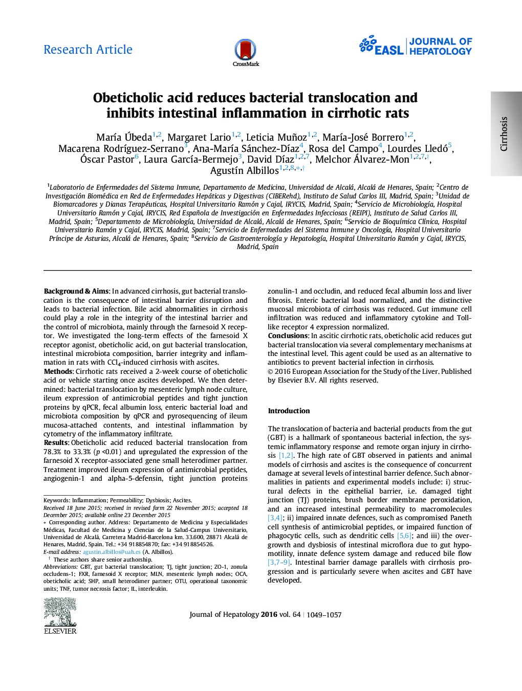 Research ArticleObeticholic acid reduces bacterial translocation and inhibits intestinal inflammation in cirrhotic rats