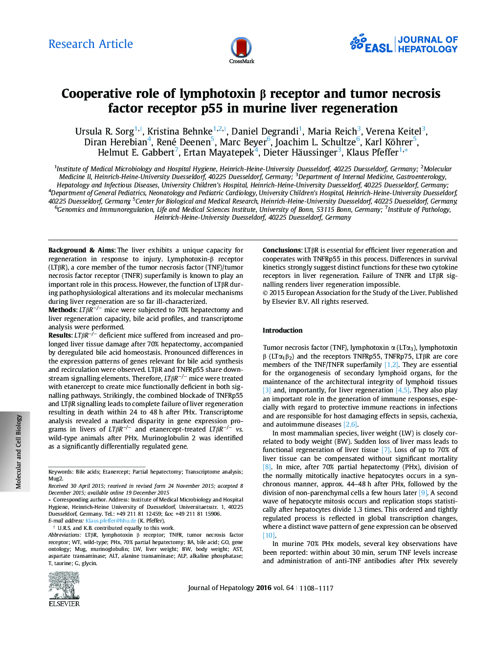 Research ArticleCooperative role of lymphotoxin Î² receptor and tumor necrosis factor receptor p55 in murine liver regeneration