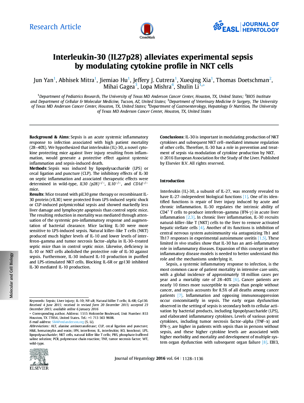 Research ArticleInterleukin-30 (IL27p28) alleviates experimental sepsis by modulating cytokine profile in NKT cells