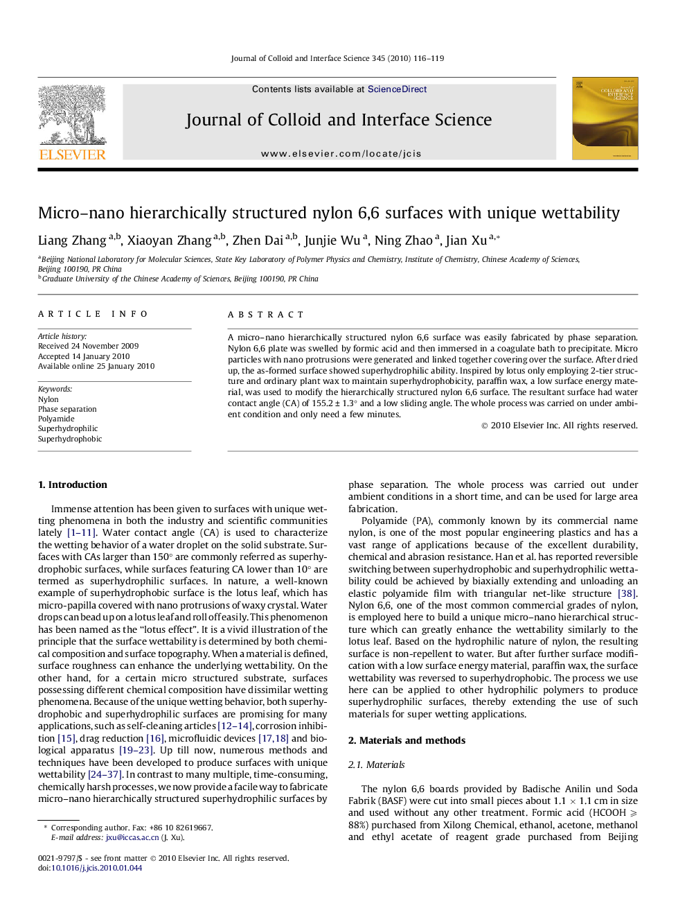 Micro–nano hierarchically structured nylon 6,6 surfaces with unique wettability