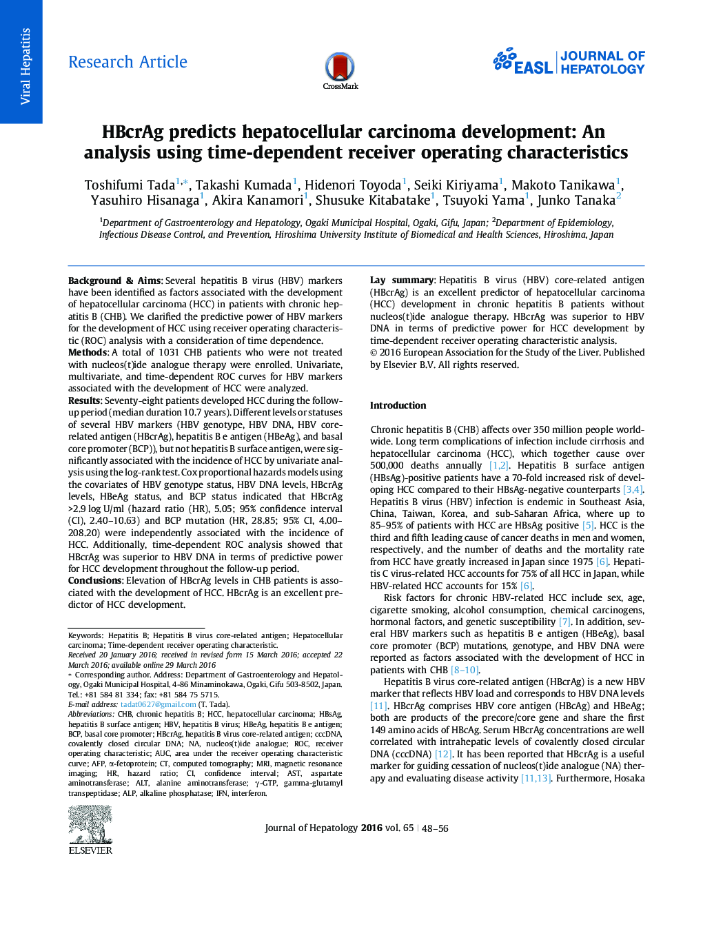 Research ArticleHBcrAg predicts hepatocellular carcinoma development: An analysis using time-dependent receiver operating characteristics