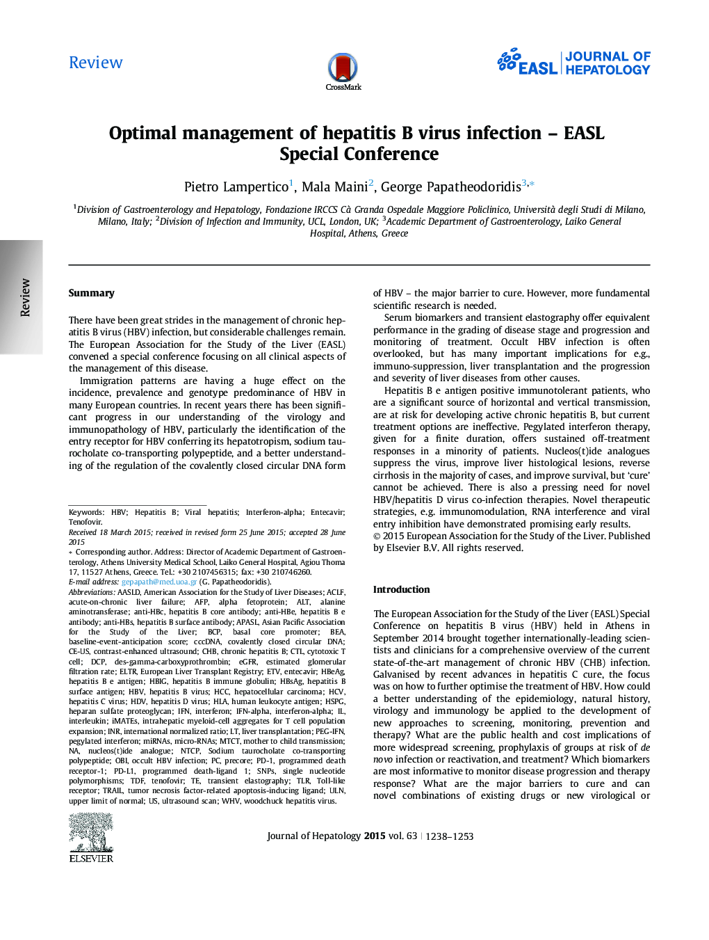 ReviewOptimal management of hepatitis B virus infection - EASL Special Conference