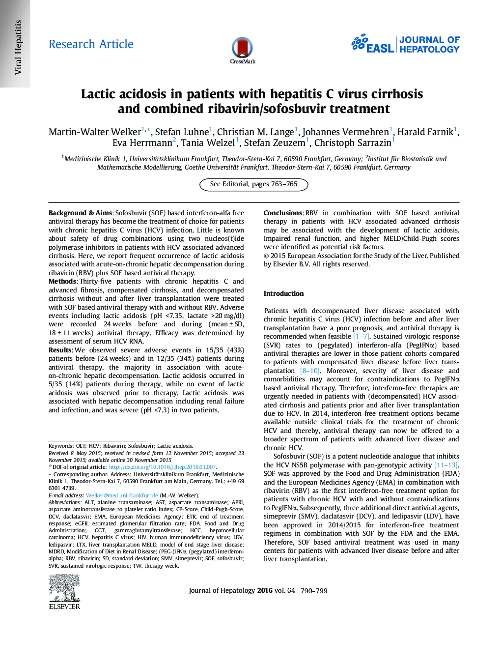 Research ArticleLactic acidosis in patients with hepatitis C virus cirrhosis and combined ribavirin/sofosbuvir treatment