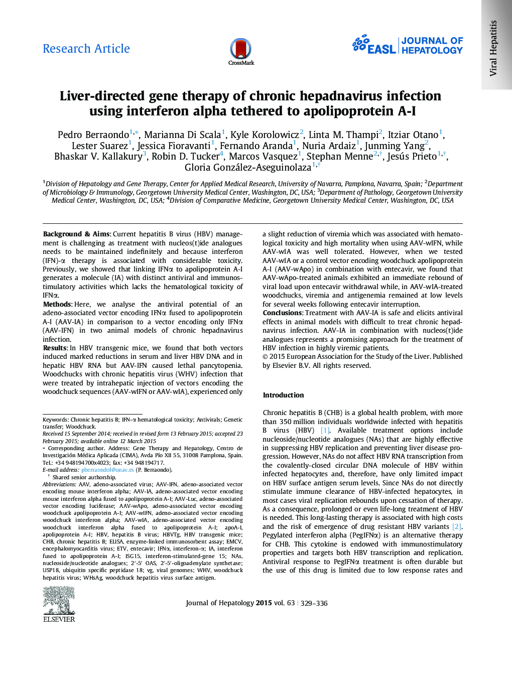 Research ArticleLiver-directed gene therapy of chronic hepadnavirus infection using interferon alpha tethered to apolipoprotein A-I