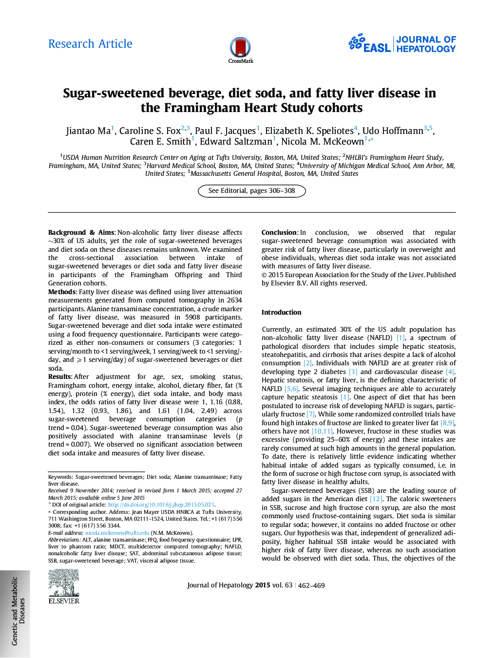 Research ArticleSugar-sweetened beverage, diet soda, and fatty liver disease in the Framingham Heart Study cohorts